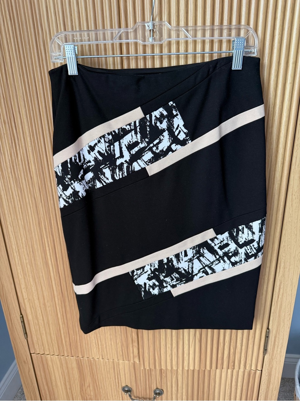 White House Black Market Skirt - Black Patterned Pencil Skirt with Tan Stripes